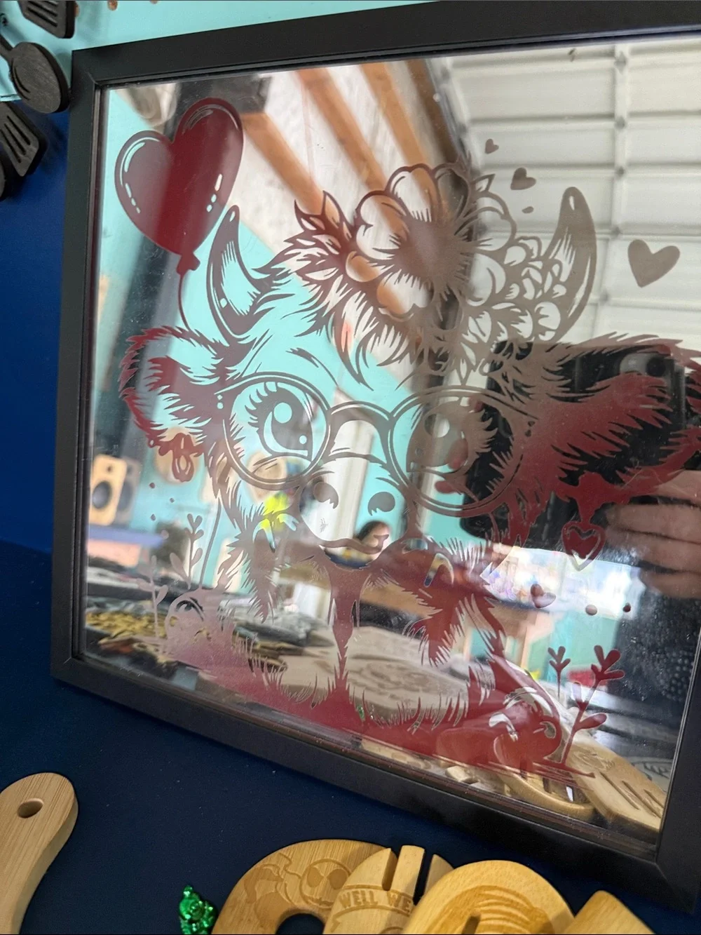 Cute Floral Cow Mirror Art - Red and Silver